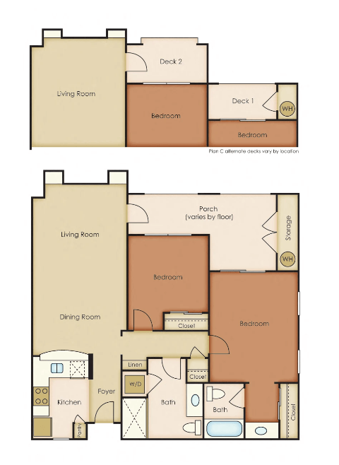 Floor plan for 2 beds, 2 baths, 972 sqft